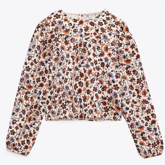 Zara Ecru Floral Print Long Puff Sleeves Top Blouse Size L Large Boho Casual - Picture 10 of 10